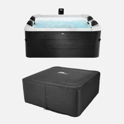 Vaste spa voor 6 personen, 180 cm vierkant, hydromassage, 4 kussens, afdekzeil + hoes