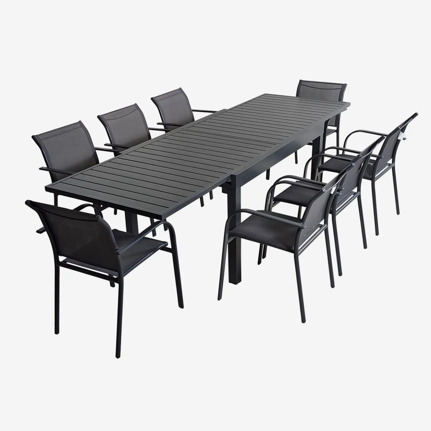 Verlengbare tuintafel met 8 stoelen van aluminium en textileen