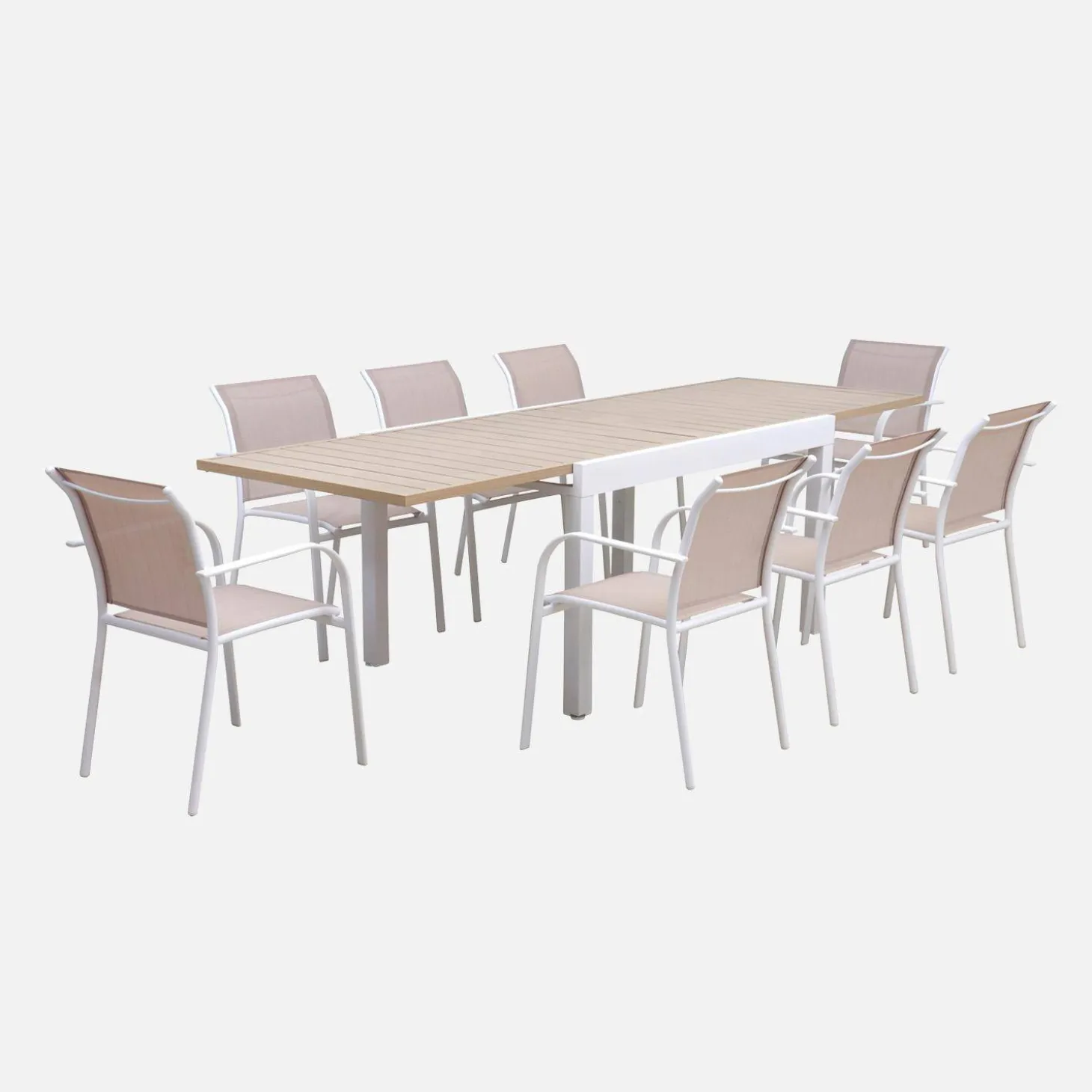 Verlengbare tuintafel met 8 stoelen van aluminium en textileen