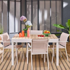 Verlengbare tuintafel met 8 stoelen van aluminium en textileen