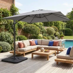Vierkante offset parasol 3x3m + set van 4 verzwaarde tegels 50x50cm