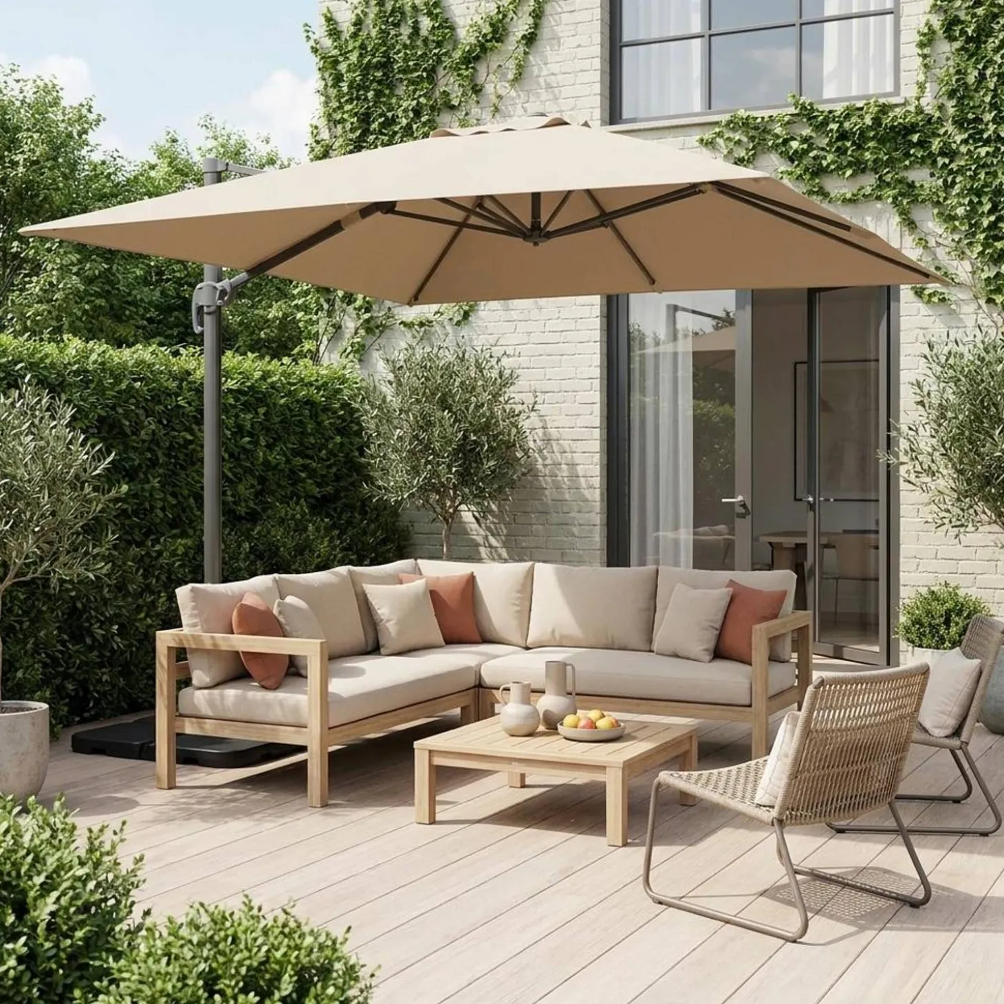 Vierkante offset parasol 3x3m + set van 4 verzwaarde tegels 50x50cm