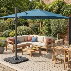 Vierkante offset parasol 3x3m + set van 4 verzwaarde tegels 50x50cm