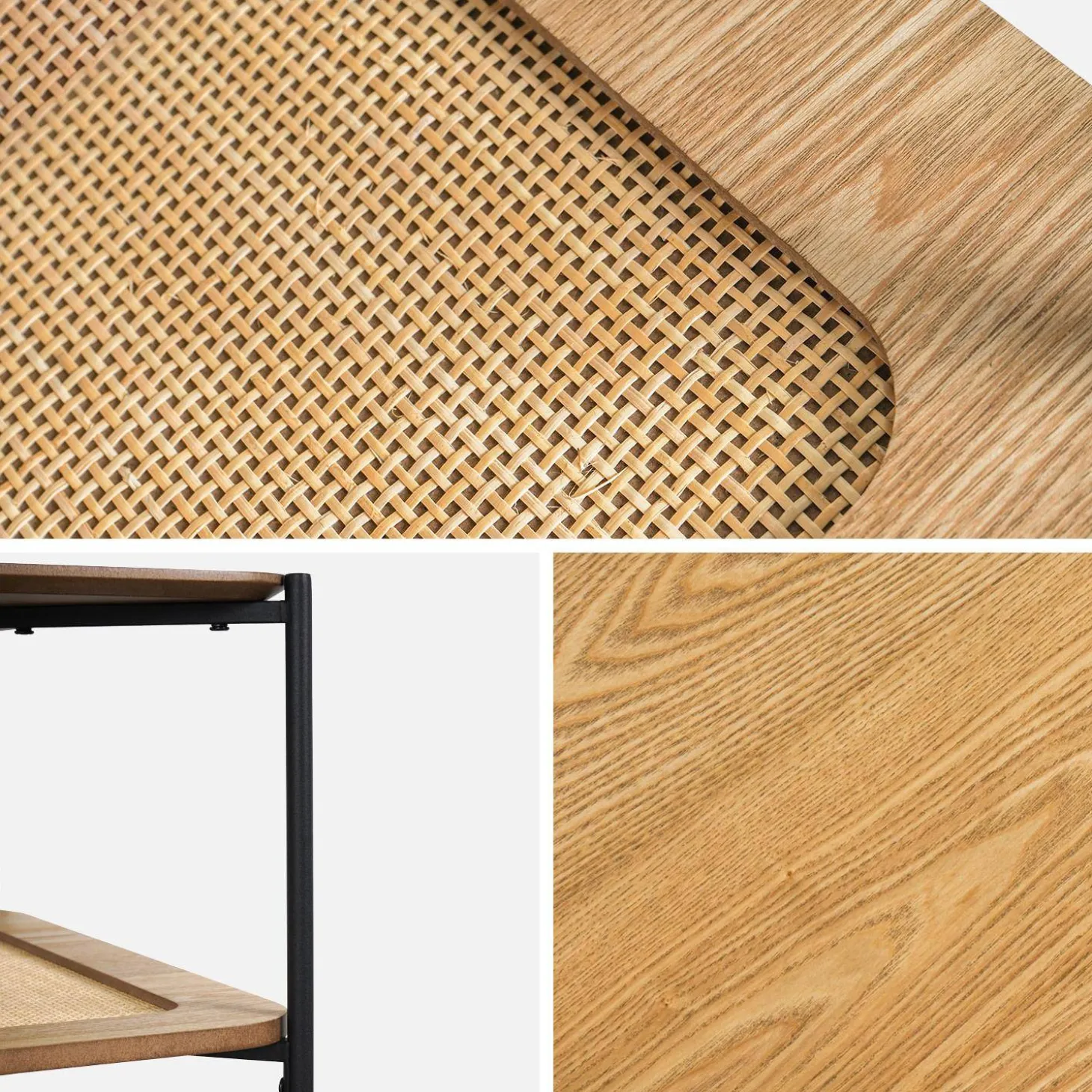 Vierkante salontafel met houtlook en vlechtwerk, dubbele bladen