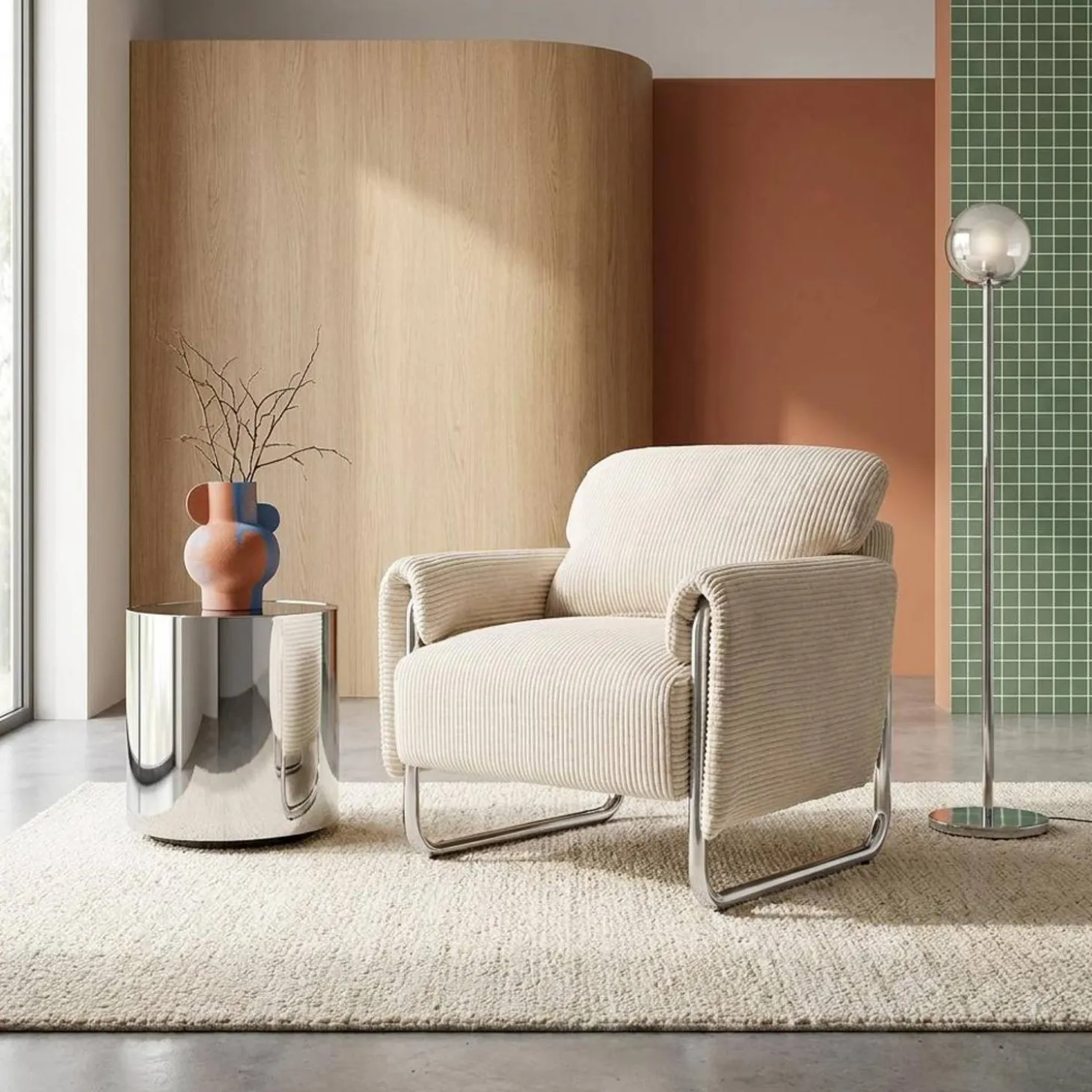Vintage fauteuil van corduroy met chromen frame