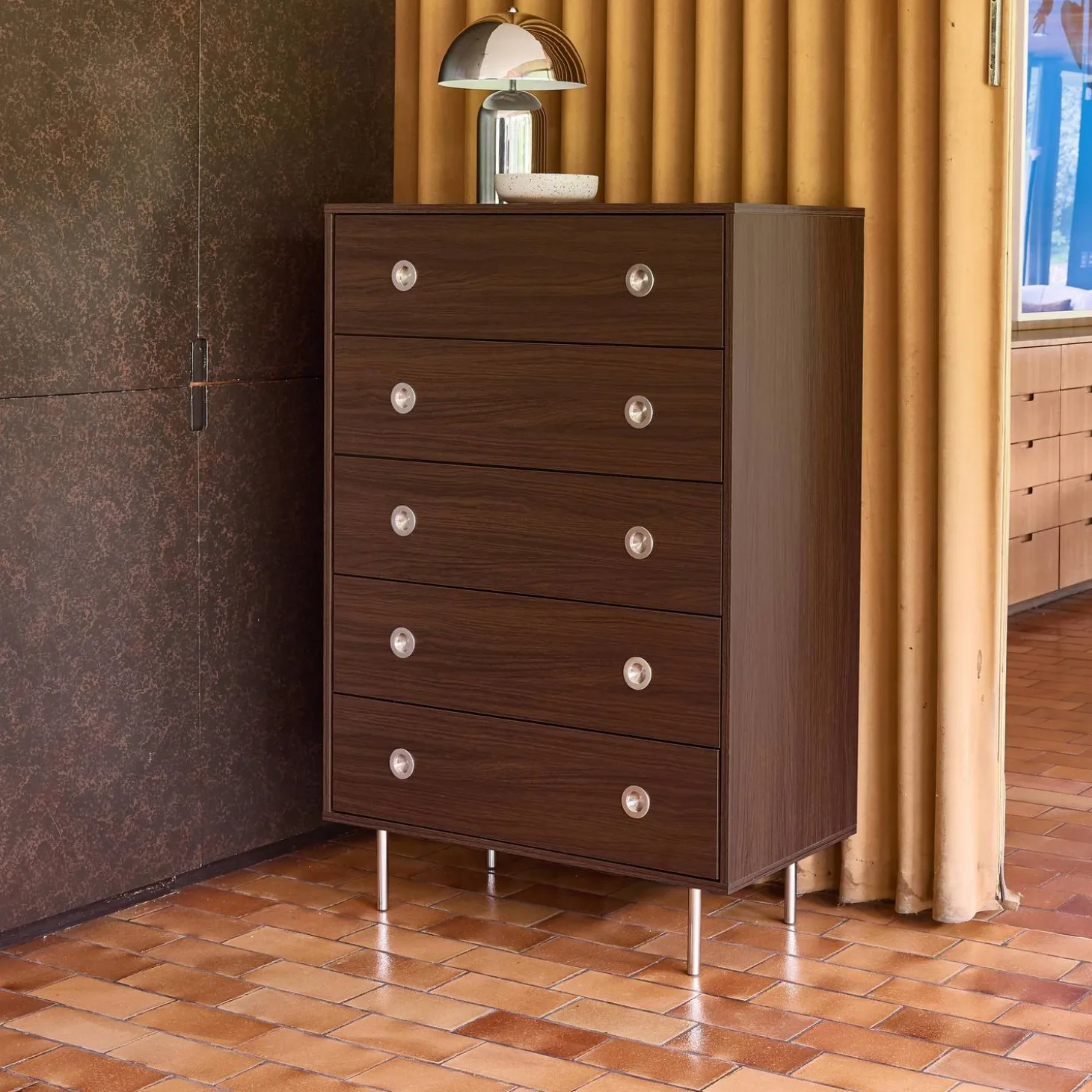 Vintage ladekast 5 lades houtdecor en roestvrij staal 80cm