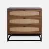 Vintage ladekast 3 lades houtdecor rotan en metaal 80cm