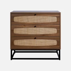 Vintage ladekast 3 lades houtdecor rotan en metaal 80cm