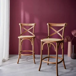 Vintage rubberhouten bistro barkrukken met voetensteun (set van 2)