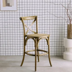 Vintage rubberhouten bistro barkruk met voetensteun