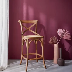 Vintage rubberhouten bistro barkruk met voetensteun