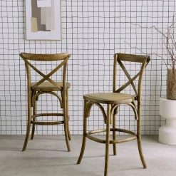 Vintage rubberhouten bistro barkrukken met voetensteun (set van 2)