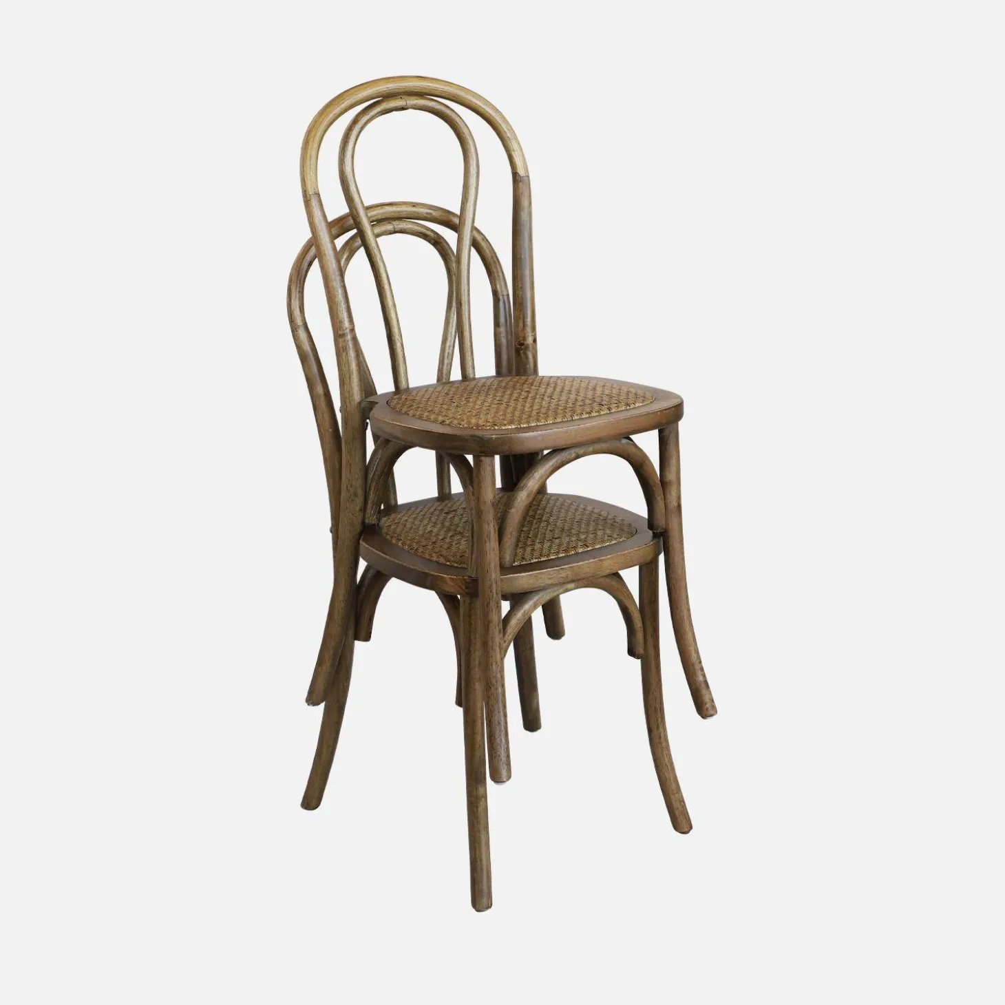 Vintage rubberhouten en rotan stoelen (set van 4)