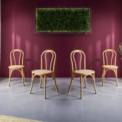 Vintage rubberhouten en rotan stoelen (set van 4)