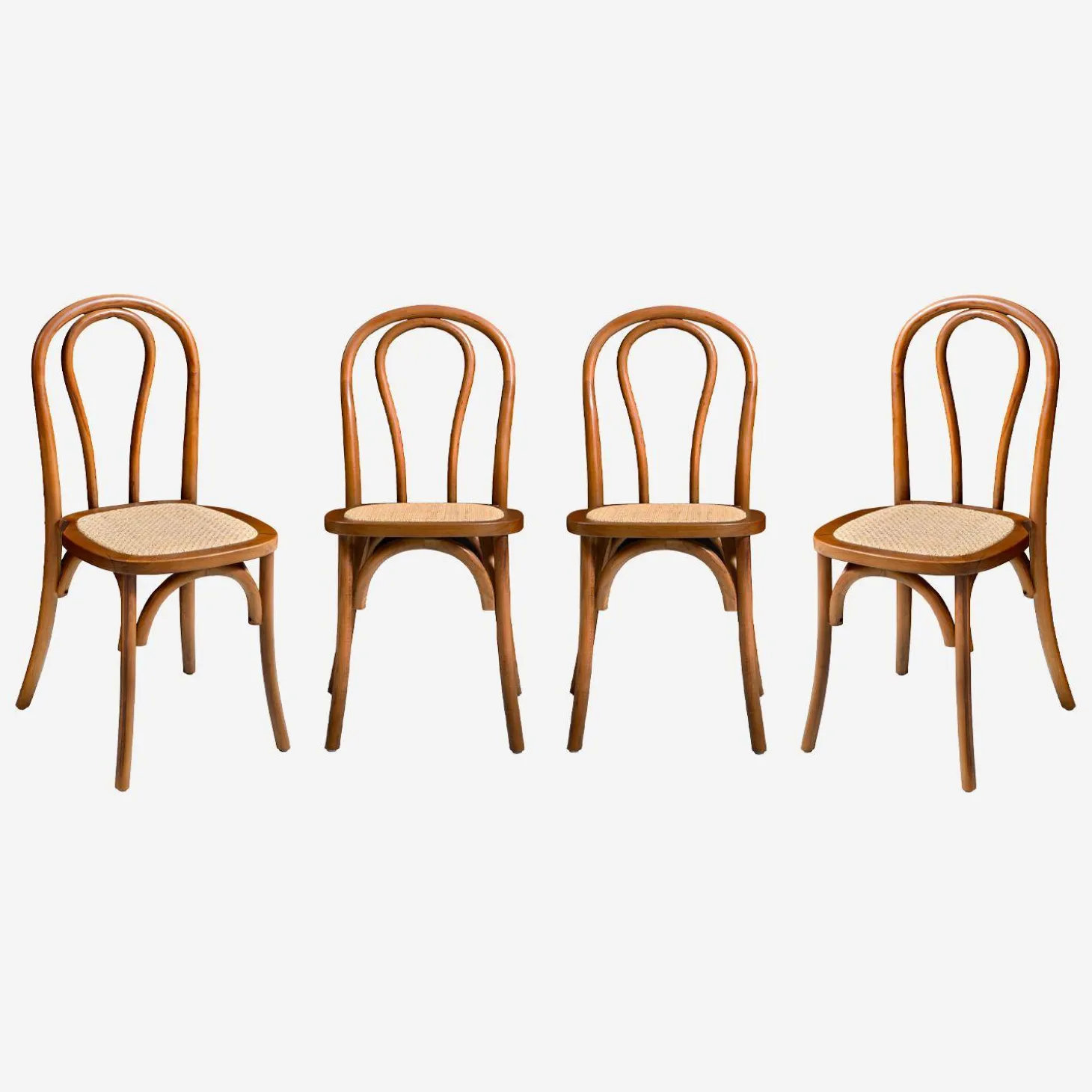 Vintage rubberhouten en rotan stoelen (set van 4)