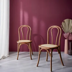 Vintage rubberhouten en rotan stoelen (set van 2)
