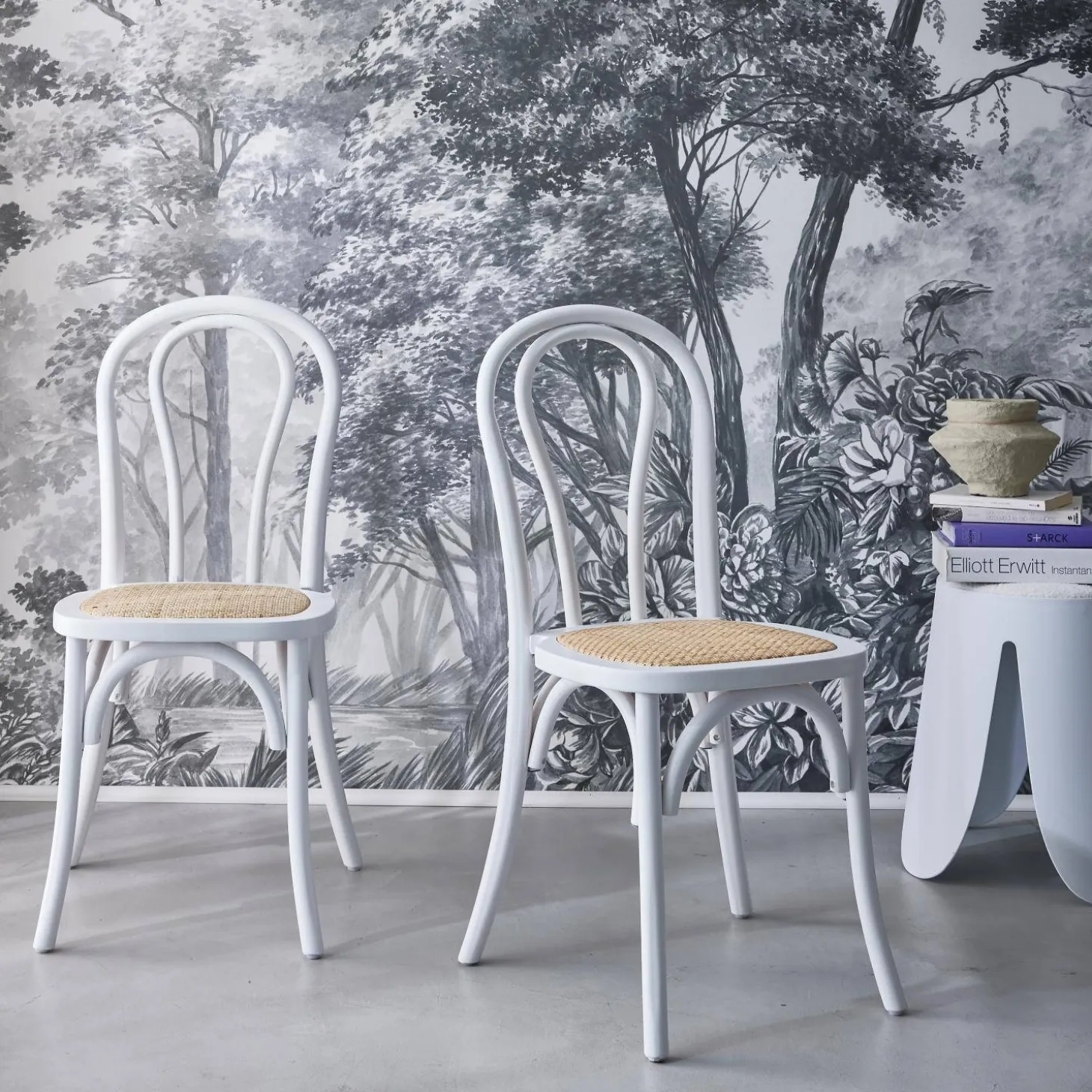 Vintage rubberhouten en rotan stoelen (set van 2)