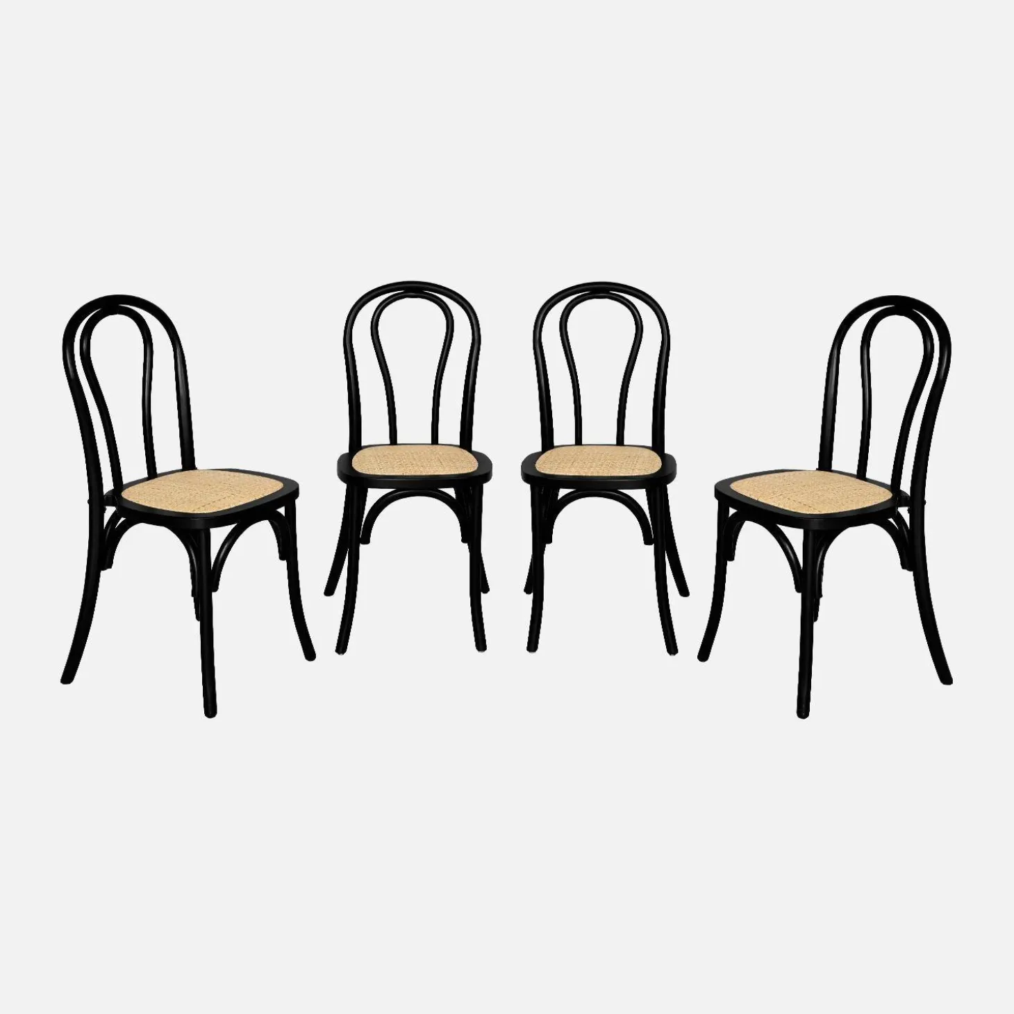 Vintage rubberhouten en rotan stoelen (set van 4)