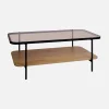 Vintage salontafel in zwart metaal met bladen van glas en houtdecor