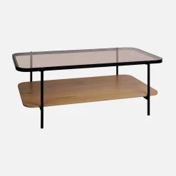Vintage salontafel in zwart metaal met bladen van glas en houtdecor