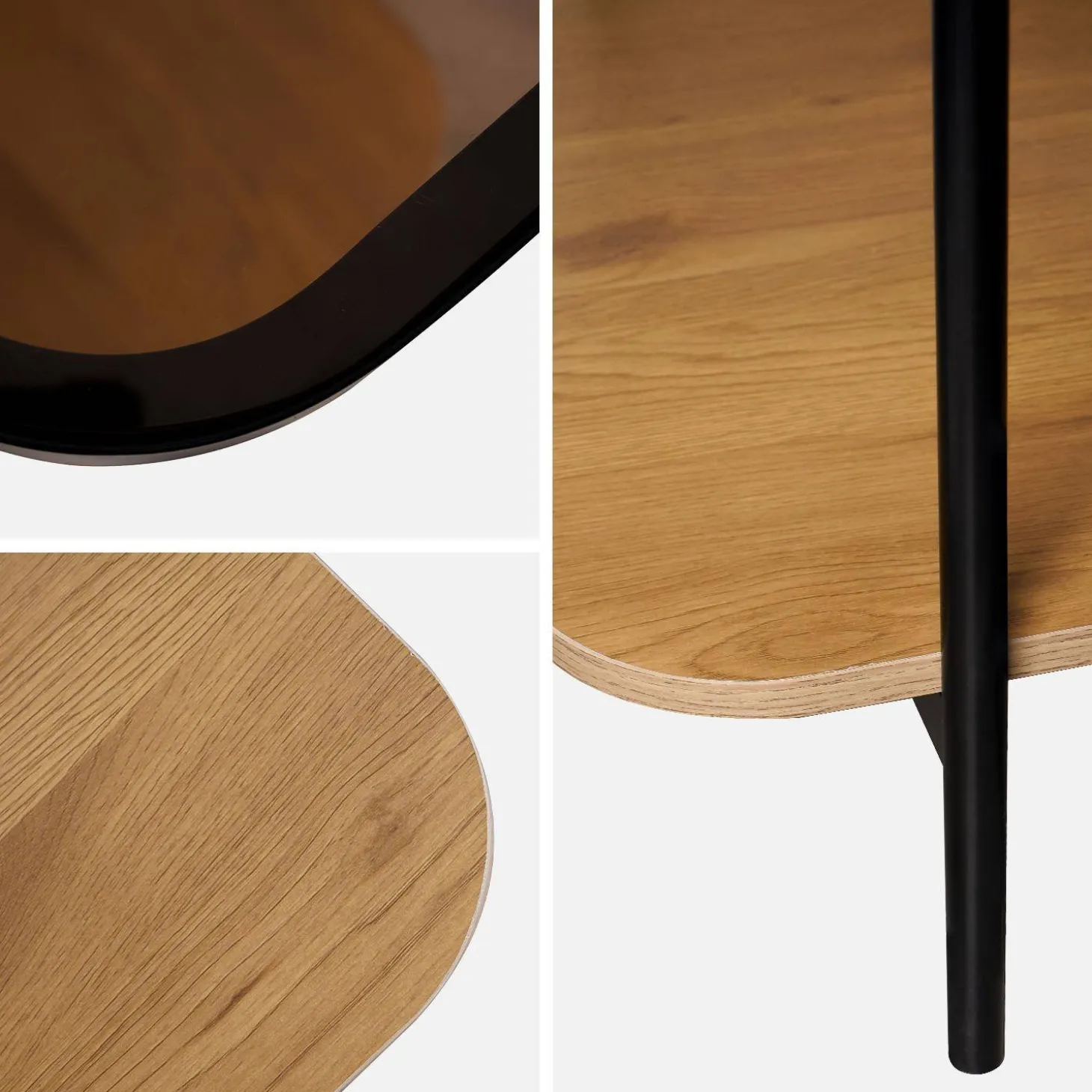Vintage salontafel in zwart metaal met bladen van glas en houtdecor