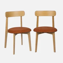 Vintage stoel van naturelkleurig rubberhout en getextureerde stof (set van 2)