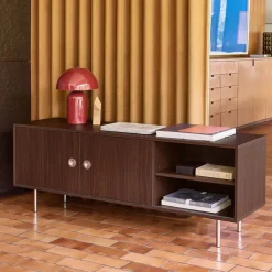 Vintage tv-meubel met 2 deuren houtdecor en roestvrij staal 140cm