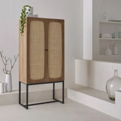 Vintage wandkast 2 deuren houtdecor rotan en metaal 80cm