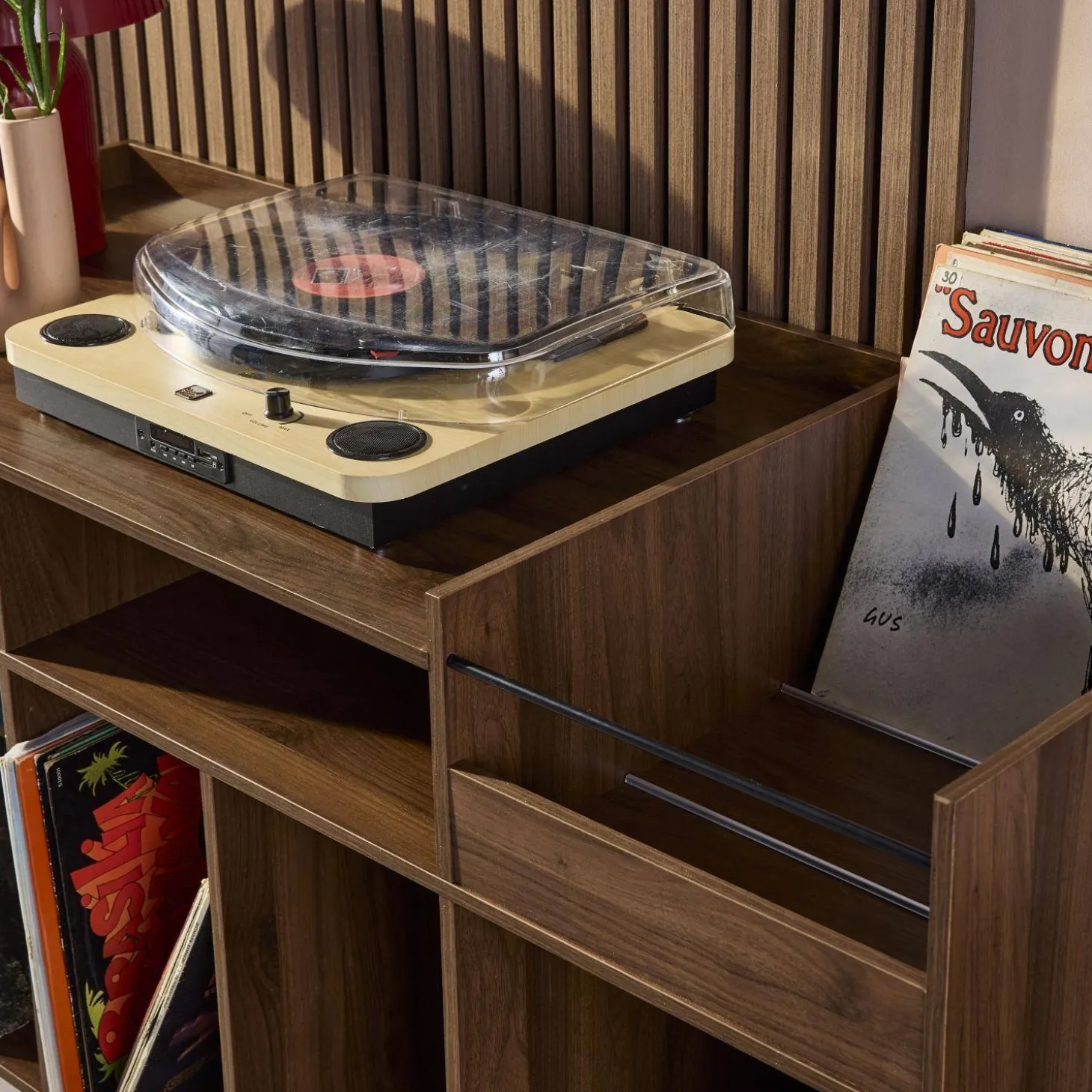 Vintage XL vinylmeubel met donker houteffect 130cm