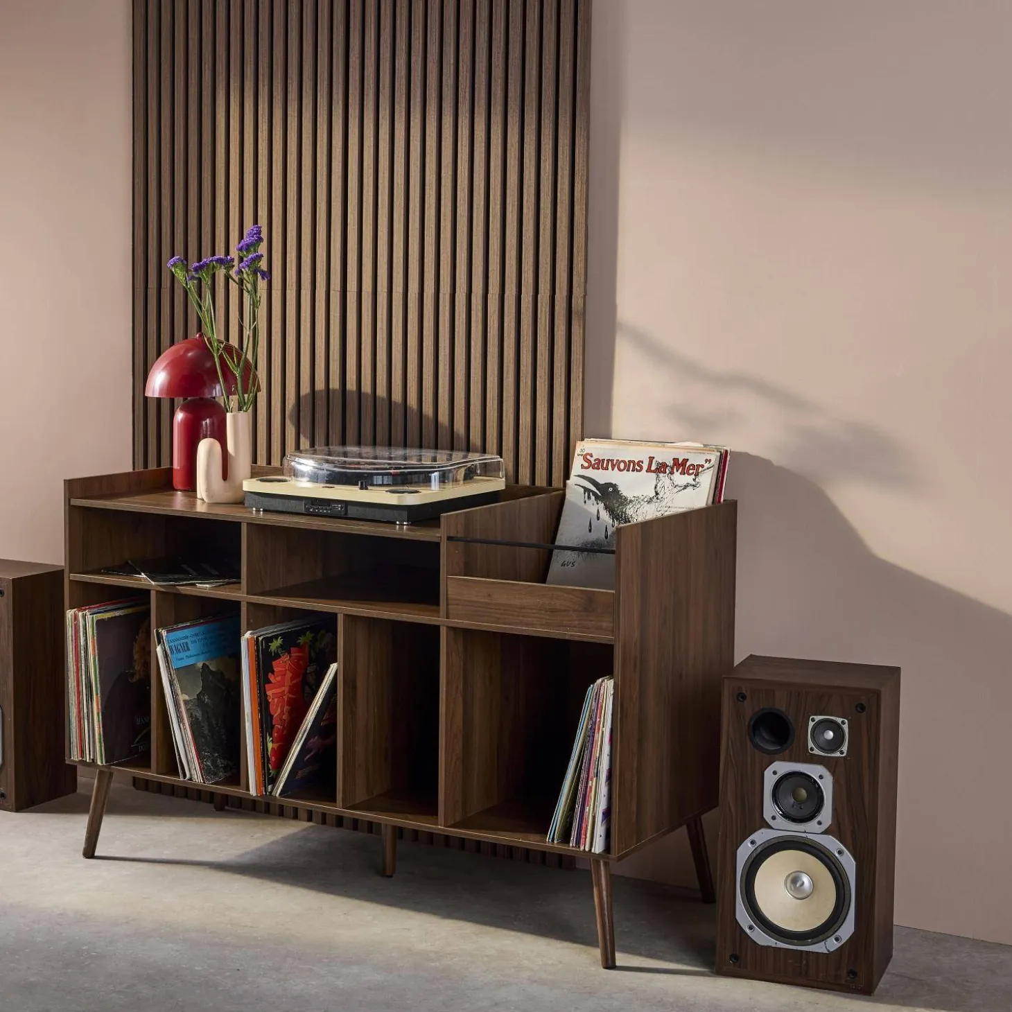 Vintage XL vinylmeubel met donker houteffect 130cm