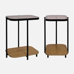 Vintage zwarte metalen bankeinden met glazen bovenkant en houtdecor (set van 2)