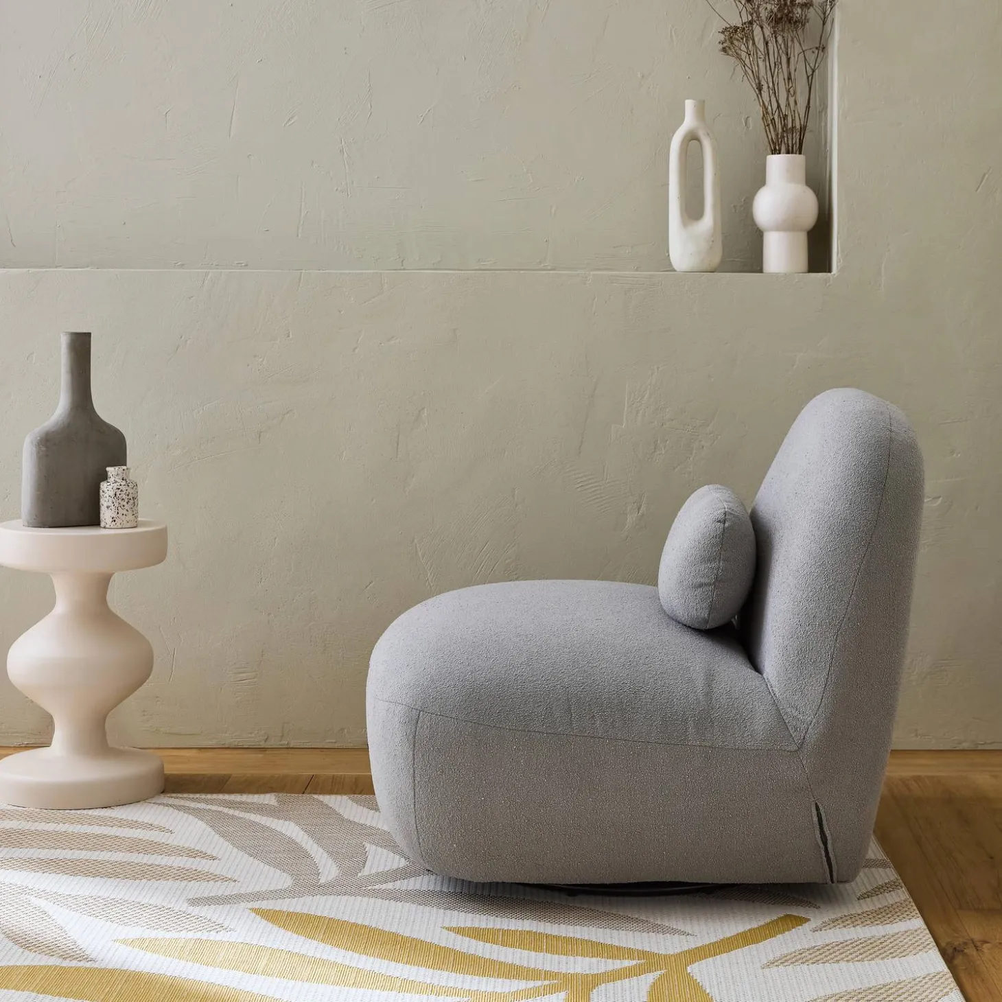 Vloerkleed voor binnen/buiten, beige en mosterdkleurig plantenpatroon