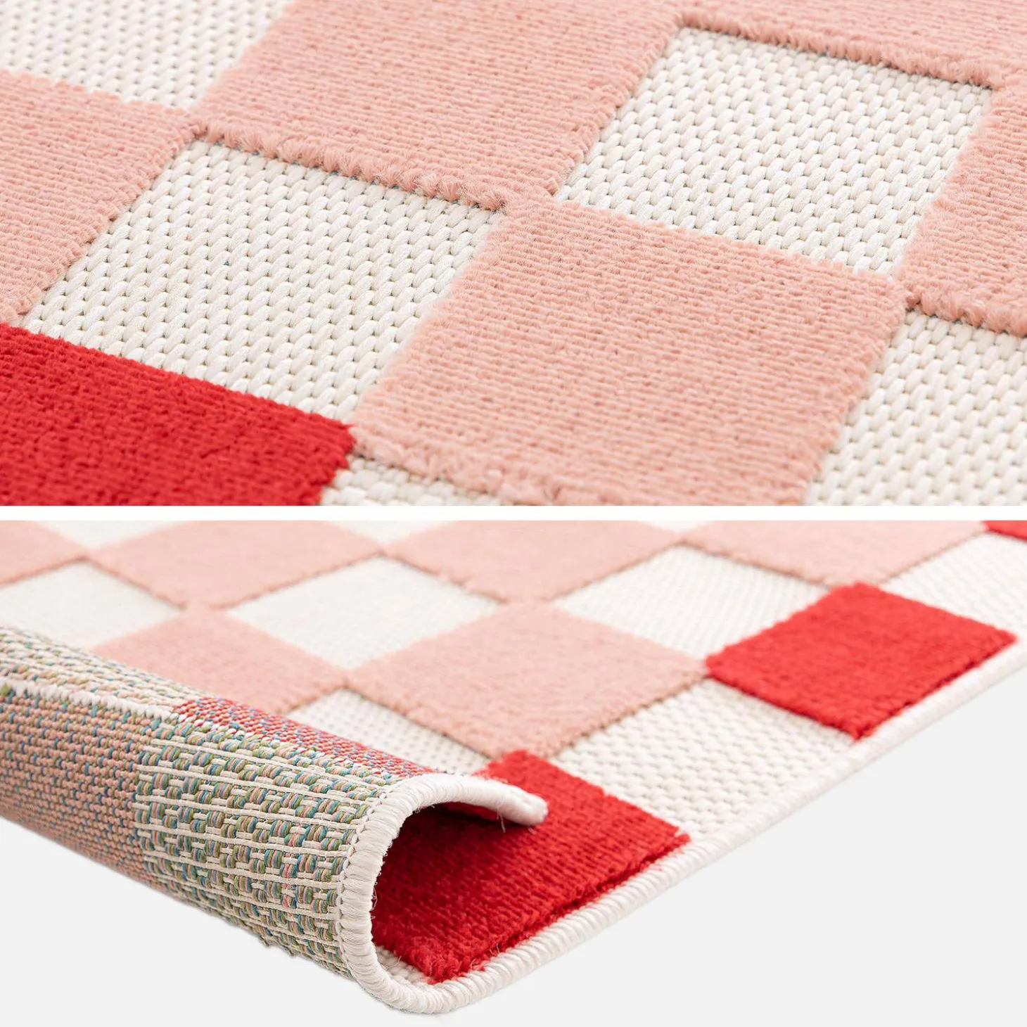 Vloerkleed voor binnen en buiten met rood en roze dambord patroon