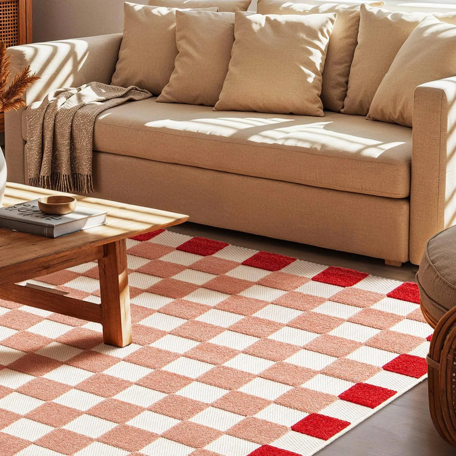 Vloerkleed voor binnen en buiten met rood en roze dambord patroon