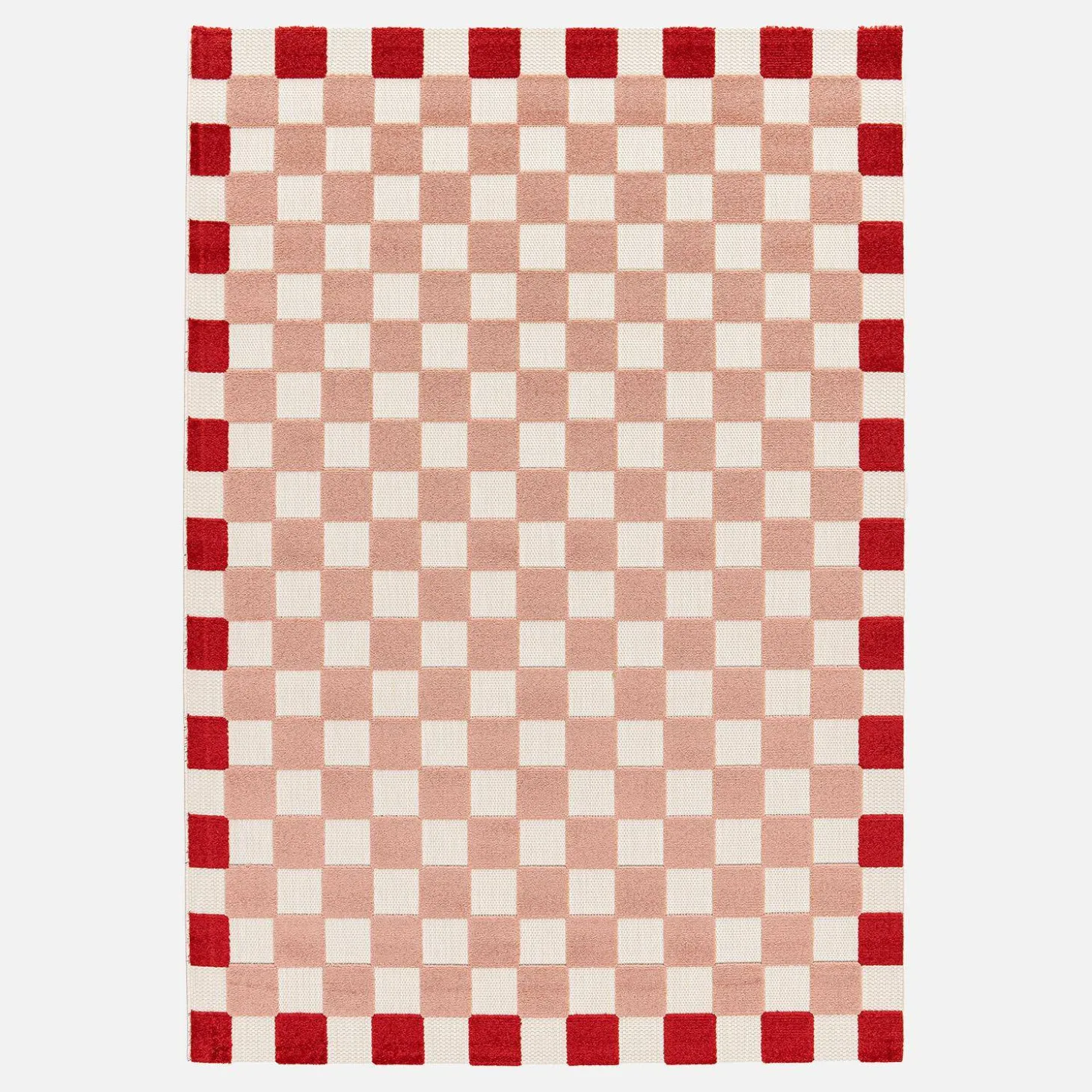 Vloerkleed voor binnen en buiten met rood en roze dambord patroon