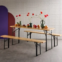 Vouwbare tafel van dennenhout met 2 banken (set van 2)
