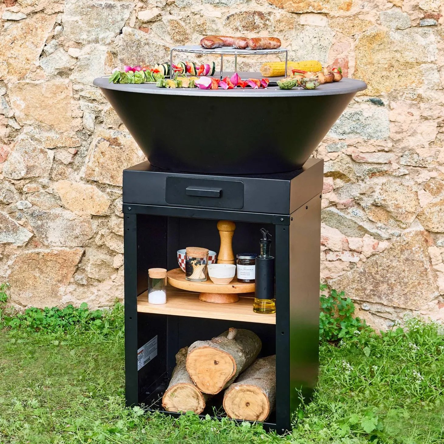 Vuurkorf barbecue Ø81,5cm met grillrooster opbergruimte en deksel