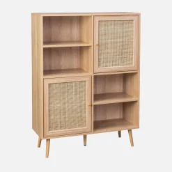 Wandkast met 2 deuren 4 open vakken houtdecor en rotan 90cm