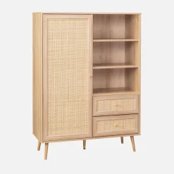 Wandkast met 1 deur 2 lades 3 open vakken houtdecor en rotan 101,5cm