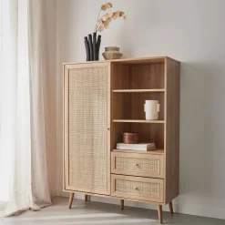 Wandkast met 1 deur 2 lades 3 open vakken houtdecor en rotan 101,5cm