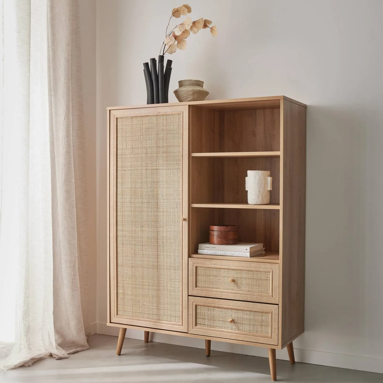 Wandkast met 1 deur 2 lades 3 open vakken houtdecor en rotan 101,5cm