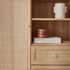 Wandkast met 1 deur 2 lades 3 open vakken houtdecor en rotan 101,5cm