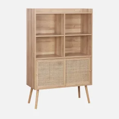 Wandkast met 2 schuifdeuren 4 vakken houtdecor en rotan 100cm