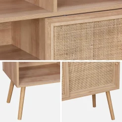 Wandkast met 2 schuifdeuren 4 vakken houtdecor en rotan 100cm