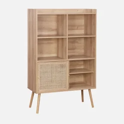 Wandkast met 2 schuifdeuren 4 vakken houtdecor en rotan 100cm