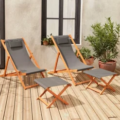 2x houten strandstoelen met voetenbank