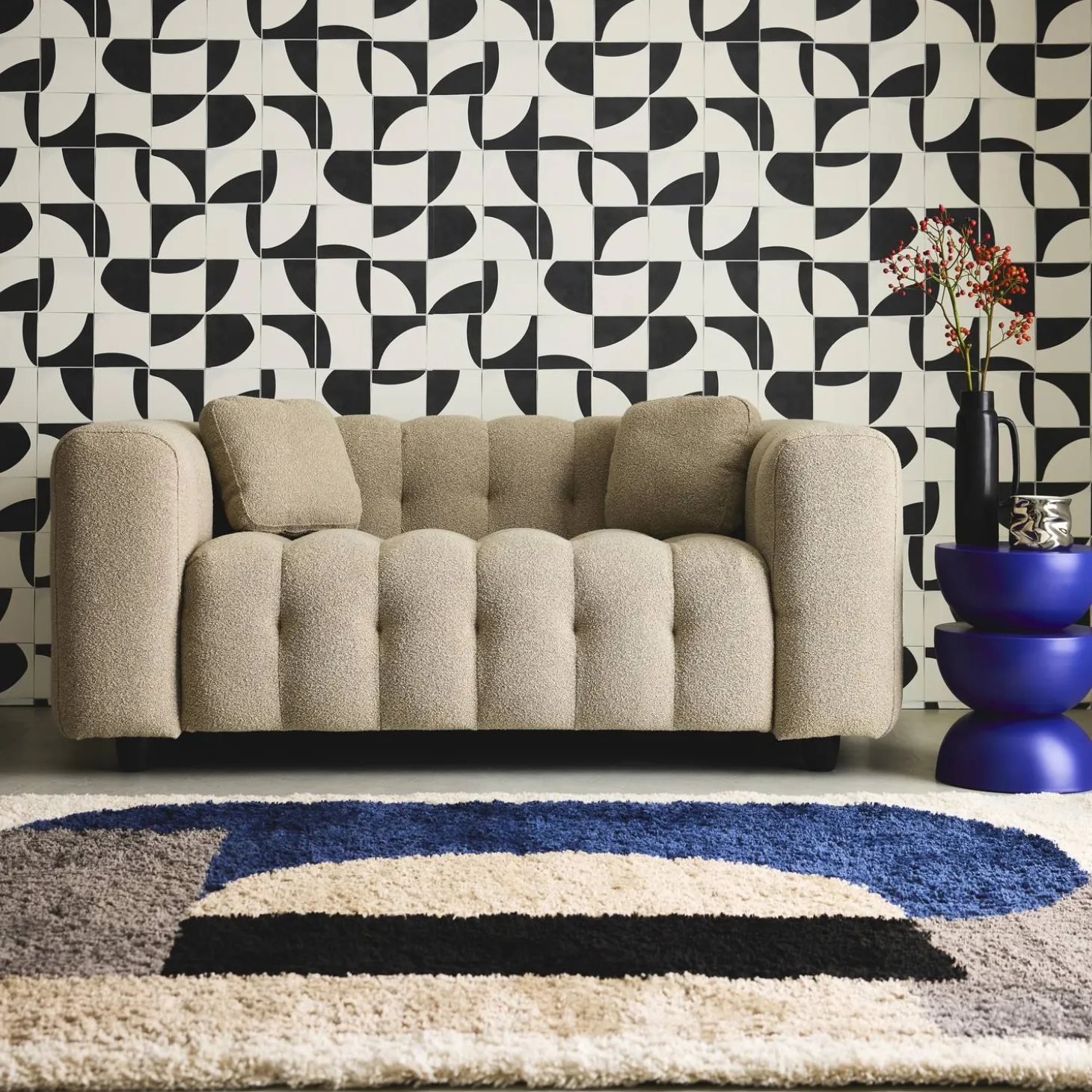 2-zitsbank, bekleed met bouclé textuur