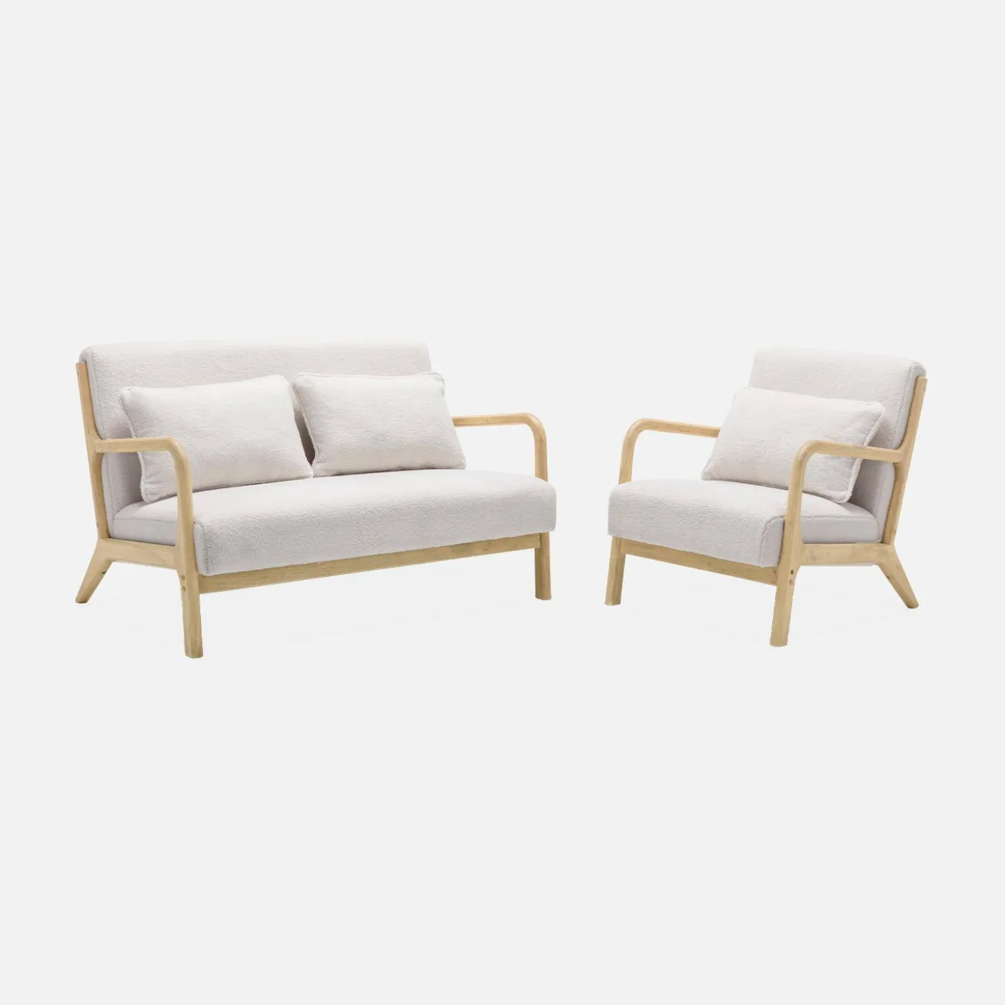 2-zitsbank en fauteuil van naturelkleurig hout en bouclé