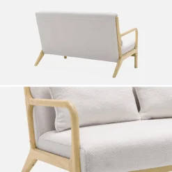 2-zitsbank en fauteuil van naturelkleurig hout en bouclé