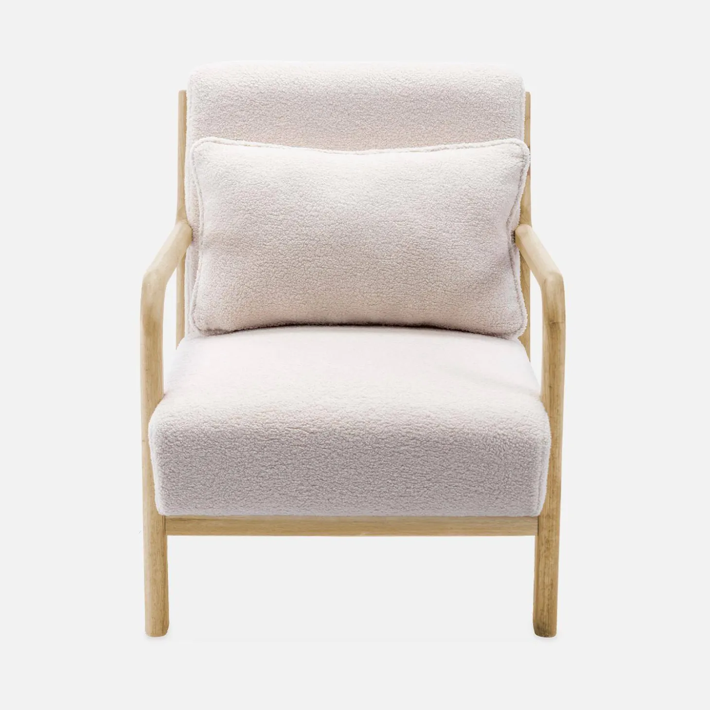 2-zitsbank en fauteuil van naturelkleurig hout en bouclé